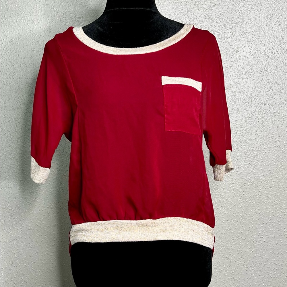 Bui Yah Kah Sheer Deep Red Top with border of Gold Shimmer and Cream Sz Medium